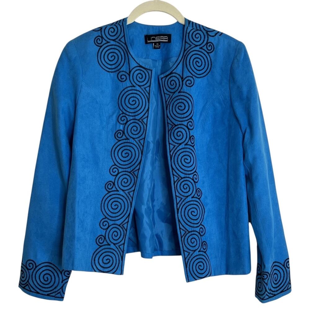 Vintage Linea B Microsuede Open Front Jacket Embroidered Petite Small Blue